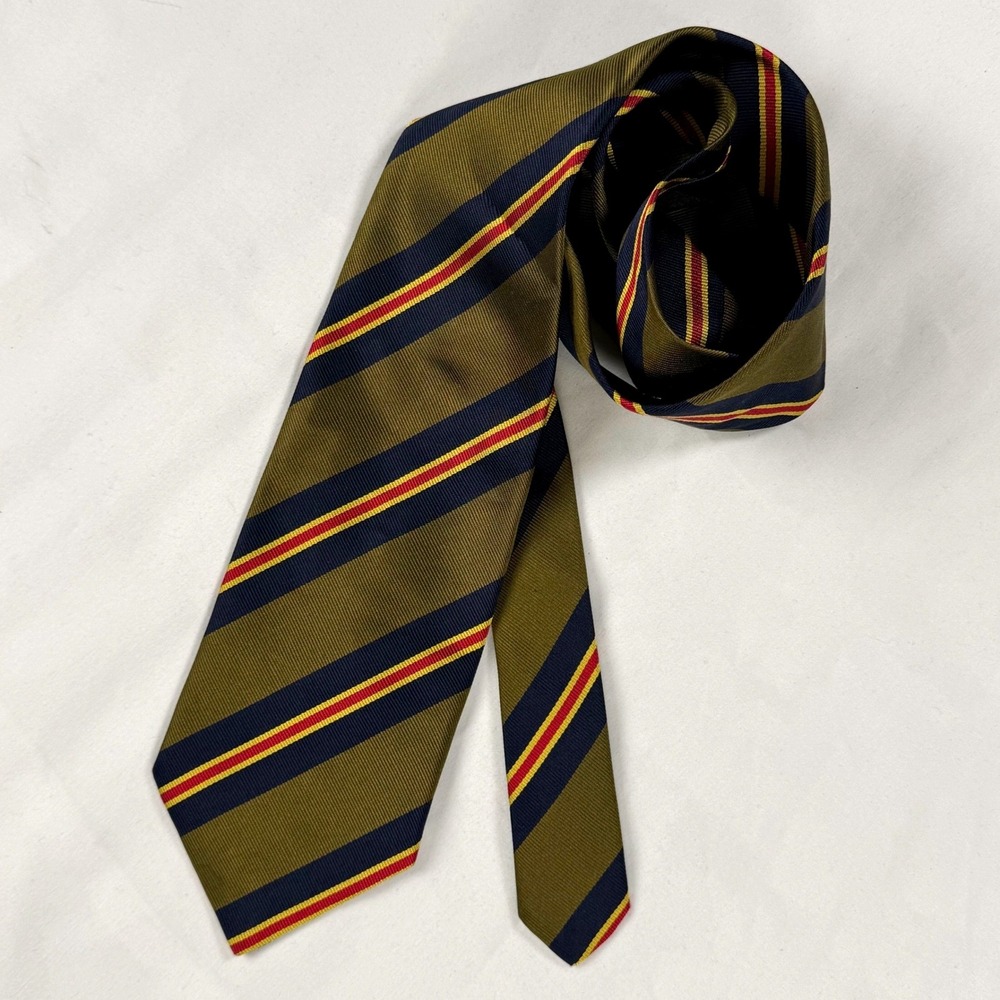 Vintage 1990s J McLaughlin Olive Navy Regimental Stripe Silk Tie USA Wide 3.75" - Picture 3 of 5